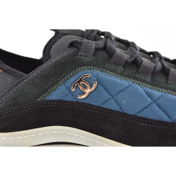 Chanel 21K Mens Blue Green White Black CC Logo Low Top Trainer Sneaker 44 11 - Picture 4 of 14
